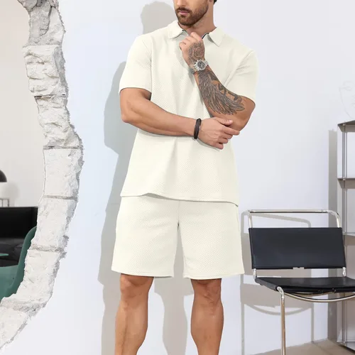 Vista 4 de Conjunto deportivo de 2 piezas con cremallera para hombre, camiseta polo y pantalones cortos, conjunto casual de verano de manga corta