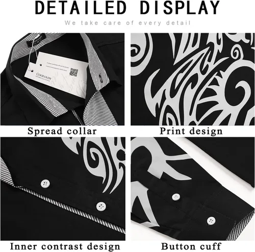 Vista 5 de COOFANDY Camisa de vestir con botones y estampado para hombre, camisas casuales de manga larga