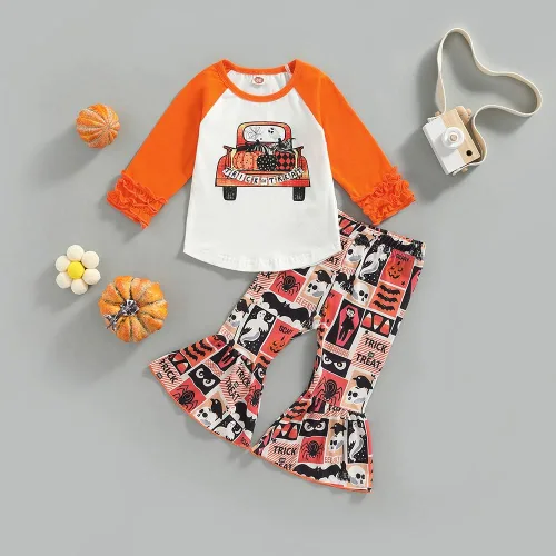 Vista 2 de Douhoow Traje de Acción de Gracias de Feliz Halloween para bebé, niña, camiseta de calabaza, camiseta acampanada, pantalones de leopardo