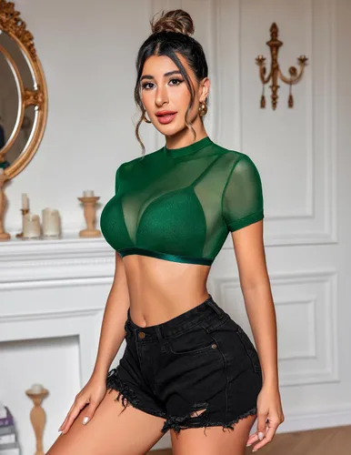 Vista 2 de Avidlove Top de malla para mujer, sexy, transparente, de manga corta, con brasier