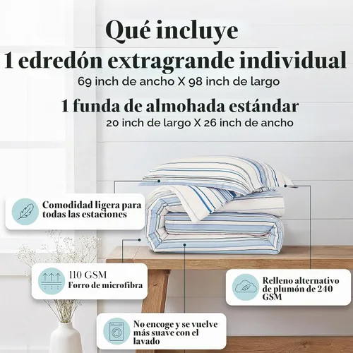 Vista 2 de Juego de edredón costero individual XL con 1 funda de almohada, ropa de 1 - Rayas costeras azules