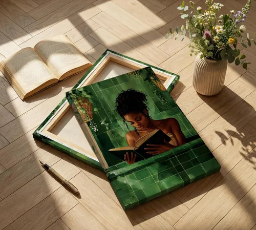 Vista 3 de Lienzo de mujer afroamericana, arte de pared de niña negra leyendo en el baño, imagen de arte de pared verde simplicidad mujer negra, póster