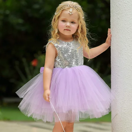 Vista 2 de Vestido de princesa tutú de tul para niña, boda, concurso, fiesta, bebé, lentejuelas sin espalda, encaje floral, recién nacido, 7 años