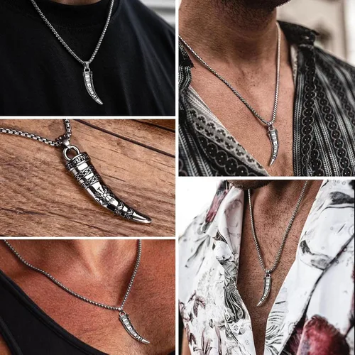 Vista 3 de MEALGUET Collar vikingo para hombre collar con colgante de cuerno vikingo sólido de acero inoxidable sólido con nudos celtas nórdicos, joyería