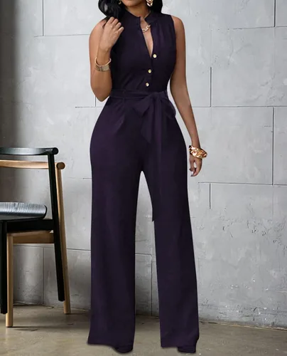 Vista 7 de Enterizo sexy para mujer, estampado floral, cuello en V, sin mangas, pierna ancha, pantalones largos