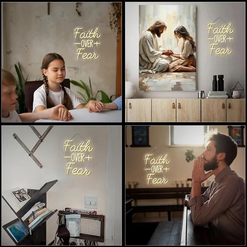Vista 2 de WLHOPE Letrero de neón con texto en inglés "Faith Over Fear", versículos de la Biblia, para decoración de pared, luces LED cristianas, luces