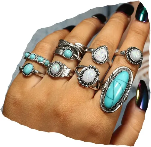 Vista 6 de Juego de 8 anillos de plata bohemia, tallados en nudillos, ovalados, verde, turquesa, ópalo, midi, plata, anillos punk, joyería para mujeres