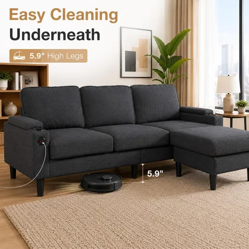 Vista 7 de Sofá modular de terciopelo en forma de L de 67 pulgadas con otomana, sofá convertible de 3 asientos con asiento profundo de nube para sala de estar