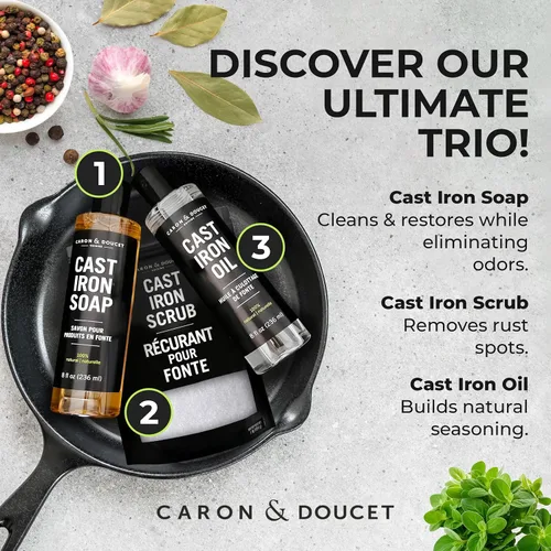 Vista 3 de CARON & DOUCET – Juego Ultimate de Hierro Fundido PLUS: Aceite para Sazonar, Jabón de Limpieza y Exfoliante Restaurador 100% a Base de Plantas y 2