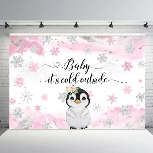 Vista 7 de MEHOFOND Telón de fondo de invierno para baby shower de pingüino de 7 x 5 pies para niños, bebé hace frío afuera, fondo de acuarela azul, animales