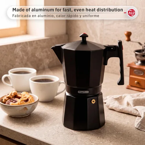 Vista 3 de Magefesa Colombia Noir - Olla de café expreso, 3 tazas/5 onzas, cafetera italiana para café cubano, aluminio extragrueso, mango resistente al calor