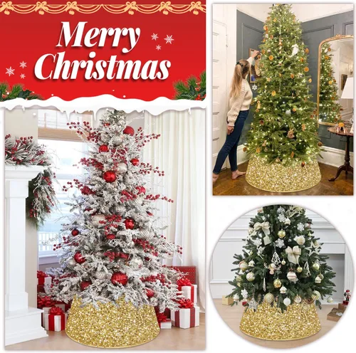 Vista 6 de FOTSHARER Collar dorado para árbol de Navidad de 23.6 pulgadas, falda de árbol de Navidad con lentejuelas, anillo de árbol con purpurina para otoño