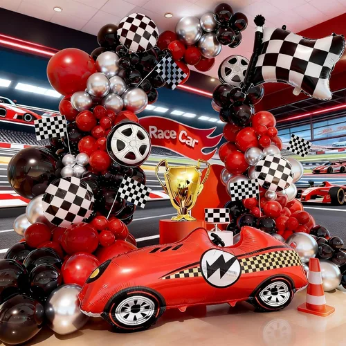 Vista 2 de Kit de arco de globos de auto de carreras, decoración de cumpleaños de coches de carreras, fiesta de cumpleaños, bandera roja, negra y plateada, kit