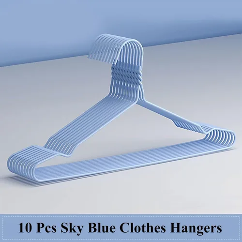 Vista 3 de Perchas para ropa de alambre azul cielo, paquete de 10, resistentes, ahorran espacio, perchas antideslizantes para trajes, camisas, vestidos