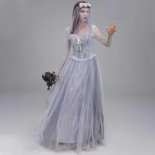 Vista 2 de Disfraz de novia de cadáver fantasma para mujer, vestido de cosplay de Halloween, vestido gótico corsé con velo, vestidos de empalme de malla
