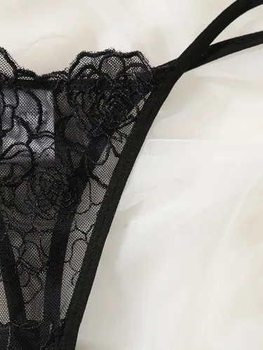 Vista 3 de SOLY HUX Conjunto de brasier y braga de lencería con aros y malla floral bordada para mujer