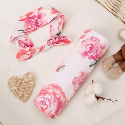 Vista 4 de DRESHOW BQUBO - Mantas para recién nacido, con diseño floral, para recién nacido, con diademas para envolver a niños pequeños 1 juego de flores