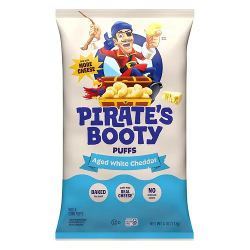 Vista 10 de Frituras infladas Pirate's Booty de queso cheddar blanco añejo, sin gluten, aperitivos para niños, 1 onza (12 unidades)