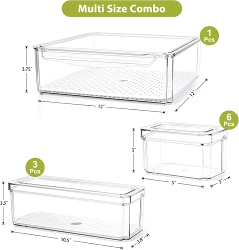 Vista 7 de Paquete de 10 cubos organizadores de despensa para refrigerador, cubos organizadores apilables para refrigerador con tapas, contenedores de plástico