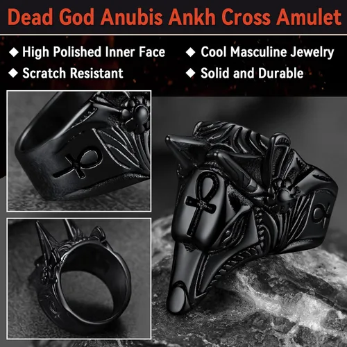 Vista 5 de FaithHeart Anubis - Anillos para hombres y mujeres, joyería de acero inoxidable resistente, anillo de amuleto de cruz Ankh, embalaje delicado, Acero