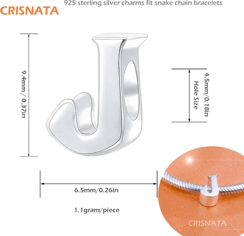 Vista 2 de CRISNATA 26 dijes completos de letras, plata de ley 925 pulida, cuentas del alfabeto A-Z, se adapta a pulseras europeas con nombre, regalo