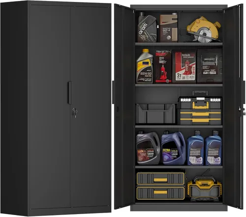 Vista 17 de Armario de almacenamiento de garaje de 28 pulgadas de alto, gabinetes de pared de garaje de metal con puertas y estantes, gabinete pequeño