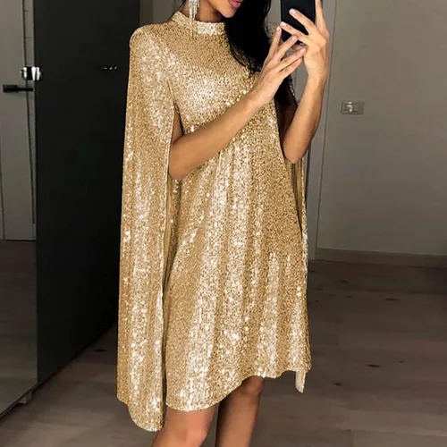 Vista 2 de Vestido de lentejuelas de manga capa con mangas para mujer, cuello redondo, vestido corto ajustado con abertura para cóctel, club nocturno, vestidos