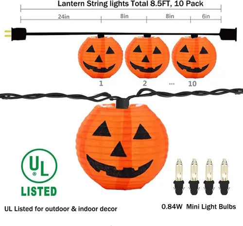 Vista 2 de Luces de calabaza de Halloween para exteriores, 2.6 m enchufables, luces de cadena naranjas para decoración de Halloween con 10 luces LED de Jack O