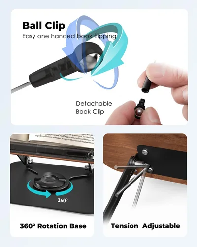 Vista 6 de Viozon - Soporte de libros para leer, portalibros, altura y ángulo ajustables, base giratoria de 360°, plegable y portátil, liviano para oficina