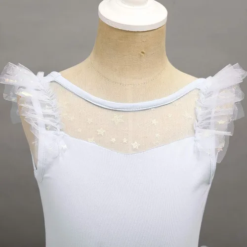 Vista 3 de IDOPIP Leotardo con falda de tutú de estrella con purpurina para niñas, manga con volantes, vestido de bailarina, traje de gimnasia