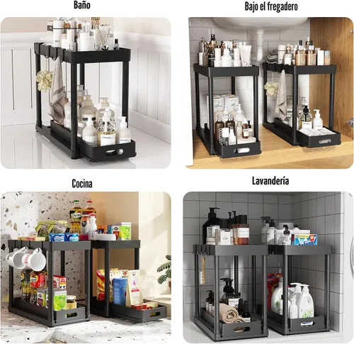 Vista 6 de Paquete de 2 organizadores de almacenamiento extraíbles, organizador para debajo del fregadero y almacenamiento para baño y cocina, organizadores