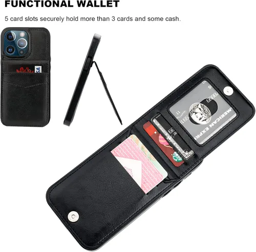 Vista 4 de KIHUWEY Funda compatible con iPhone 13 Pro con soporte para tarjeta de crédito, cierre magnético de cuero de alta calidad, resistente funda Negro