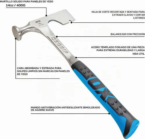 Vista 2 de OX Hacha de martillo para paneles de yeso, 14 oz - Cara fresada, agarre