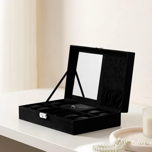 Vista 2 de Oyydecor Joyero organizador de caja de reloj con 8 ranuras para almacenamiento de relojes, estuche organizador de joyas con espejo (negro)