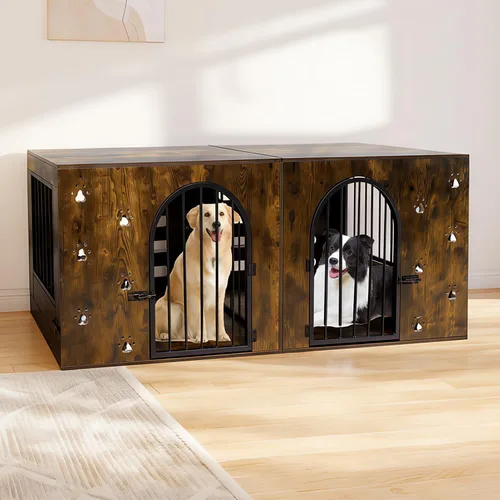 Vista 7 de Mueble de jaula para perros de 63" para 1 o 2 perros, perrera individual/doble de servicio pesado con cuencos, jaula de madera y metal estilo granja