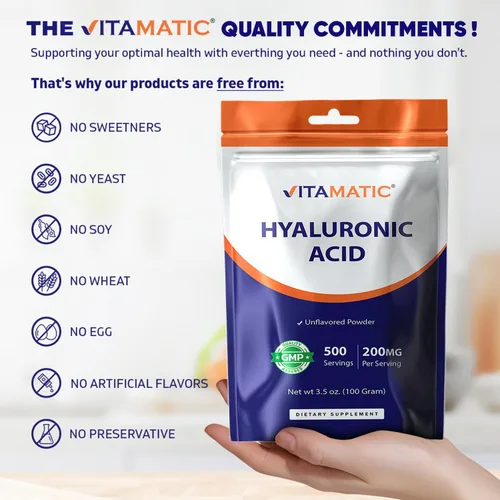 Vista 6 de Vitamatic Polvo de ácido hialurónico 200 mg - Apoya el tejido conectivo y las articulaciones saludables saludables - Promueve una piel saludable