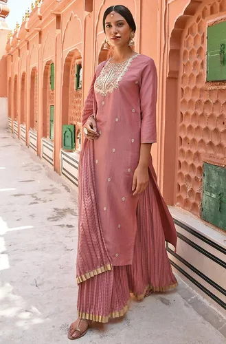 Vista 4 de Janasya Indian Rose Chinon - Kurta bordada con falda y Dupatta