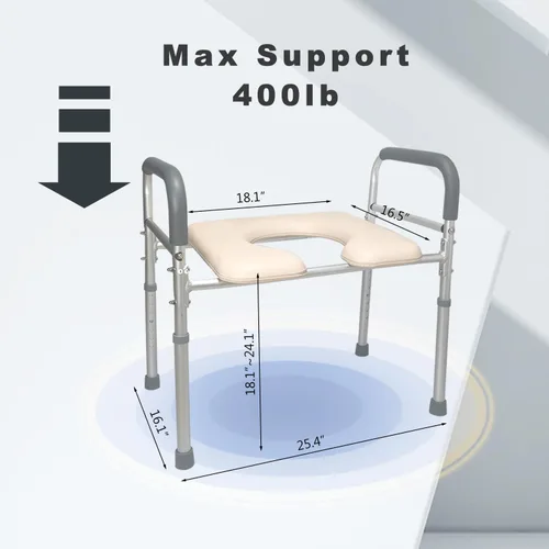 Vista 2 de Asiento de inodoro elevado con brazos y cojín suave en forma de U, 400 libras, 25.4 pulgadas de ancho, altura ajustable, asiento elevado, asiento