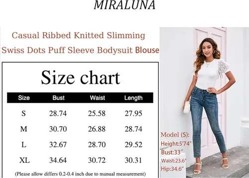 Vista 3 de MIRALUNA Body de manga abombada con cuello redondo para mujer, diseño de lunares suizos, casual, de punto acanalado, blusa