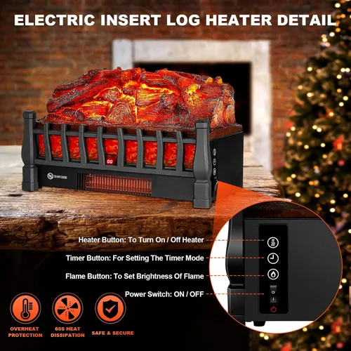 Vista 3 de Troncos Eléctricos para Chimenea Insertos Calentador con Control Remoto Infrarrojo 5 Niveles de Brillo de Llama Temporizador de 24 H Protección