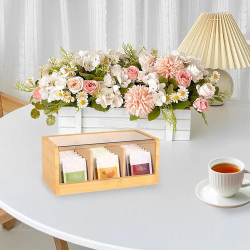 Vista 8 de Caja de té de bambú y acrílico con 3 compartimentos de 8.66 x 4.33 x 3.94 pulgadas, soporte decorativo para bolsitas de té con tapa transparente