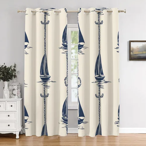 Vista 73 de Maritime Ocean Blackout Tier Curtains, Anchors Nautical Art Half Window Drapes for Kitchen with Rod Pocket,Room Darkening 2 Pack 26X24 Inches