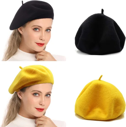 Vista 31 de Wheebo Boina de lana, color sólido, estilo francés, gorro cálido de invierno para mujeres y niñas Albaricoque