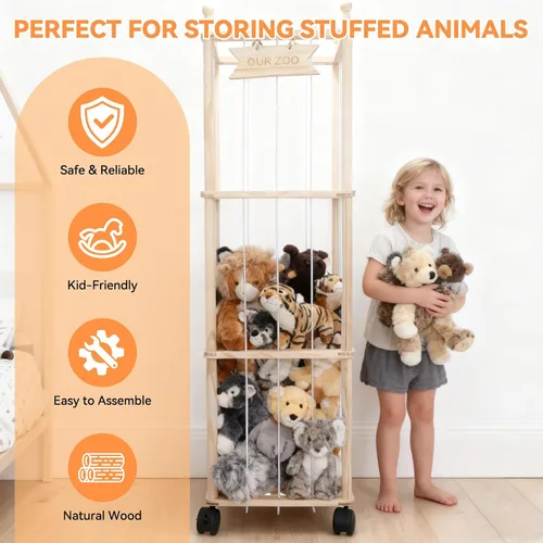 Vista 2 de YunSheCSBS Organizador de Almacenamiento de Animales de Peluche, Organizador Grande de Madera para Animales de Peluche con Ruedas, Soporte