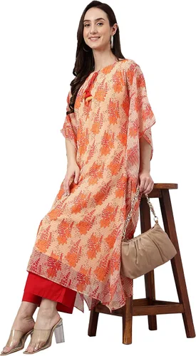 Vista 2 de Janasya Kurta de caftán con estampado floral de lúrex de gasa naranja india para mujer