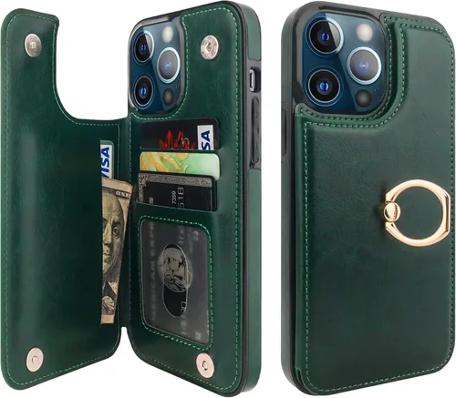 Vista 10 de ONETOP Funda tipo cartera para iPhone 13 con soporte para tarjetas, anillo de rotación de 360°, bloqueo RFID, doble cierre magnético, a prueba