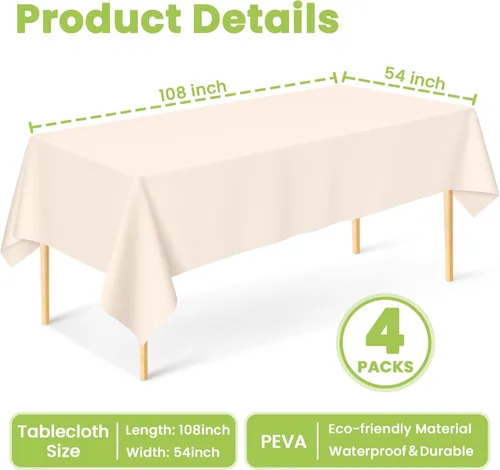 Vista 3 de Mulbozy Mantel de plástico color crema, desechables, paquete de 4, 54 x 108 pulgadas, manteles rectangulares de plástico beige para decoración