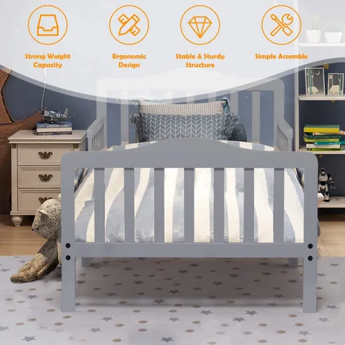 Vista 9 de Costzon Cama infantil, marco de cama clásico de madera para niños con doble barandilla de seguridad, diseño bajo al suelo, soporte de listones
