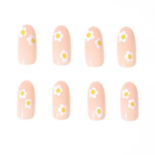 Vista 3 de 24 uñas postizas cortas de color nude a presión, lindas uñas postizas de almendra, uñas acrílicas con margaritas, uñas postizas de cobertura