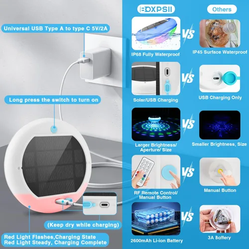 Vista 4 de Luces solares para piscina (1 unidad), 2600 mAh USB recargables luces flotantes flotantes de 6.7 pulgadas IP68 impermeable con control remoto, RGB